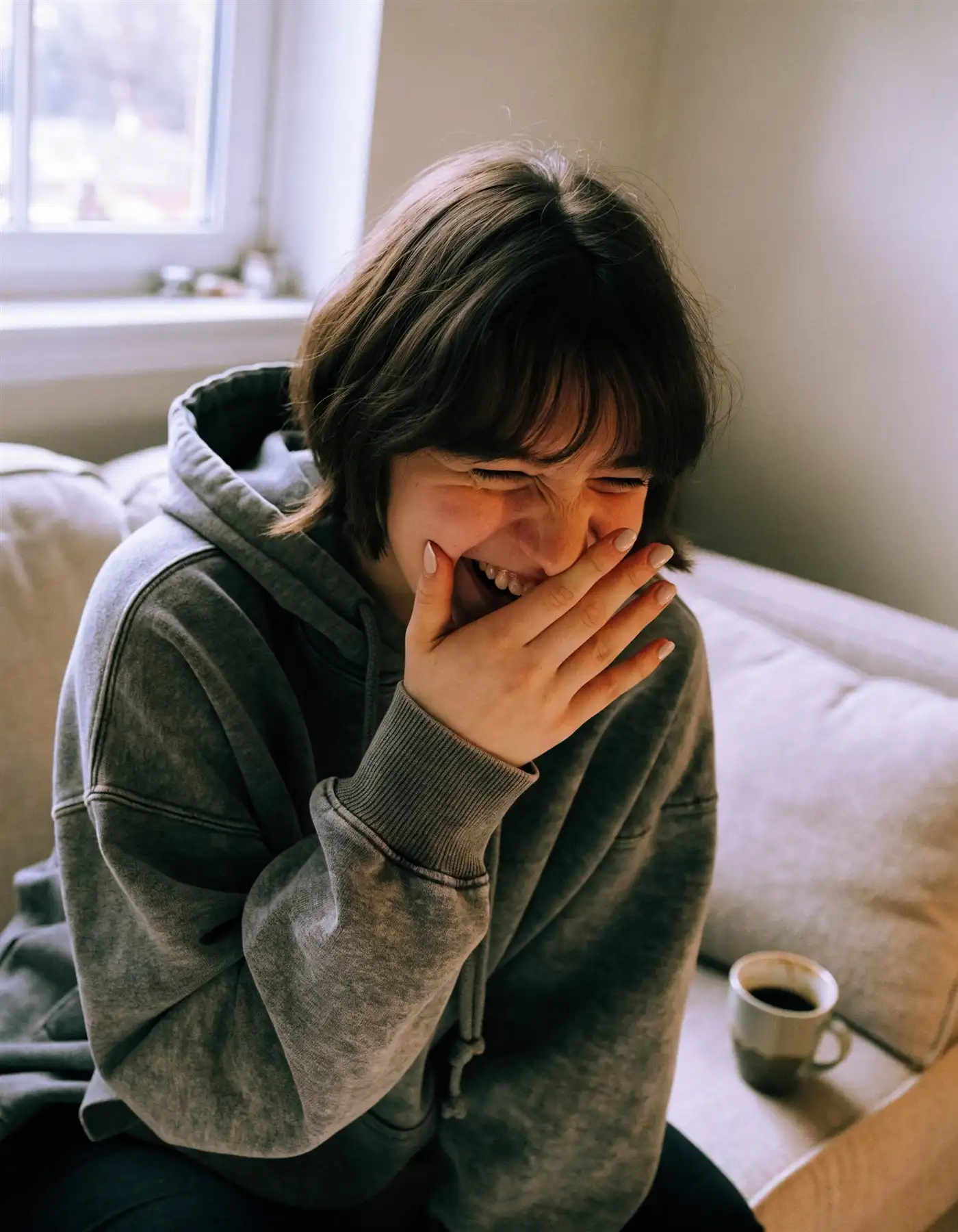 A young woman laughing behind her hand, sitting on a sofa with a coffee cup beside her.
